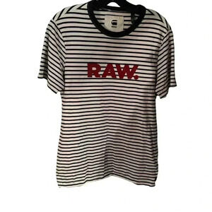 GStar Raw Unisex T -Shirt Navy & white striped red logo crew neck tee shirt sz M